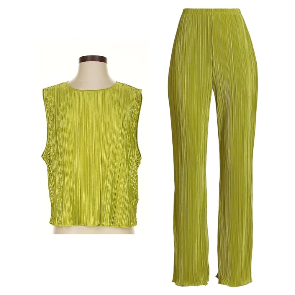 Good American Women's Always Fits Plissé-Pleated Pants+Top Matching Set Size 3/4